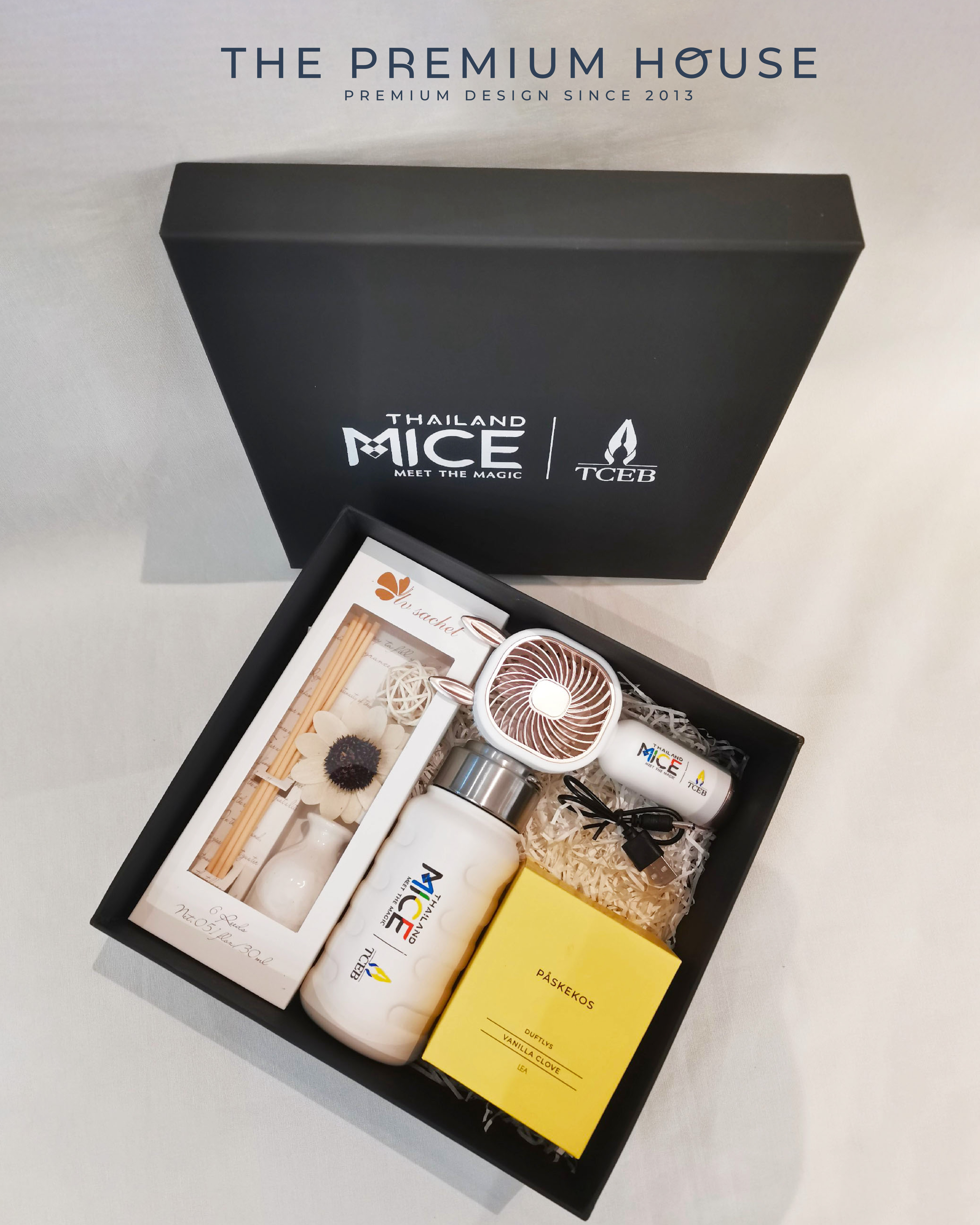 พรีเมี่ยมเซท Giftset เซทพัดลม + Diffuser + เทียนหอม + กระบอกน้ำเก็บอุณหภูมิ