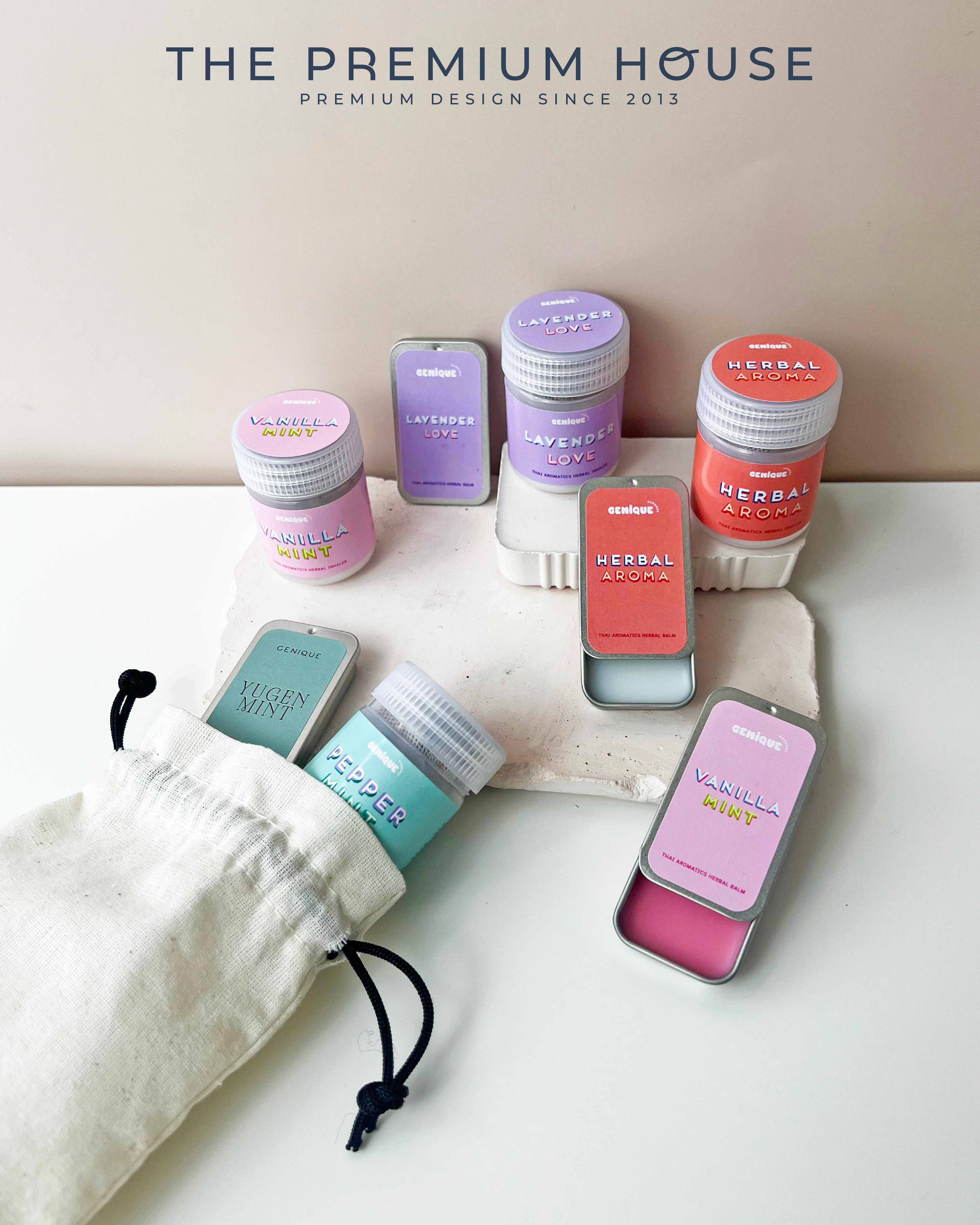 พรีเมี่ยมเซท Giftset Happy Heal ยาดมขวดขาวขุ่น + Herbal balm ในถุงผ้า
