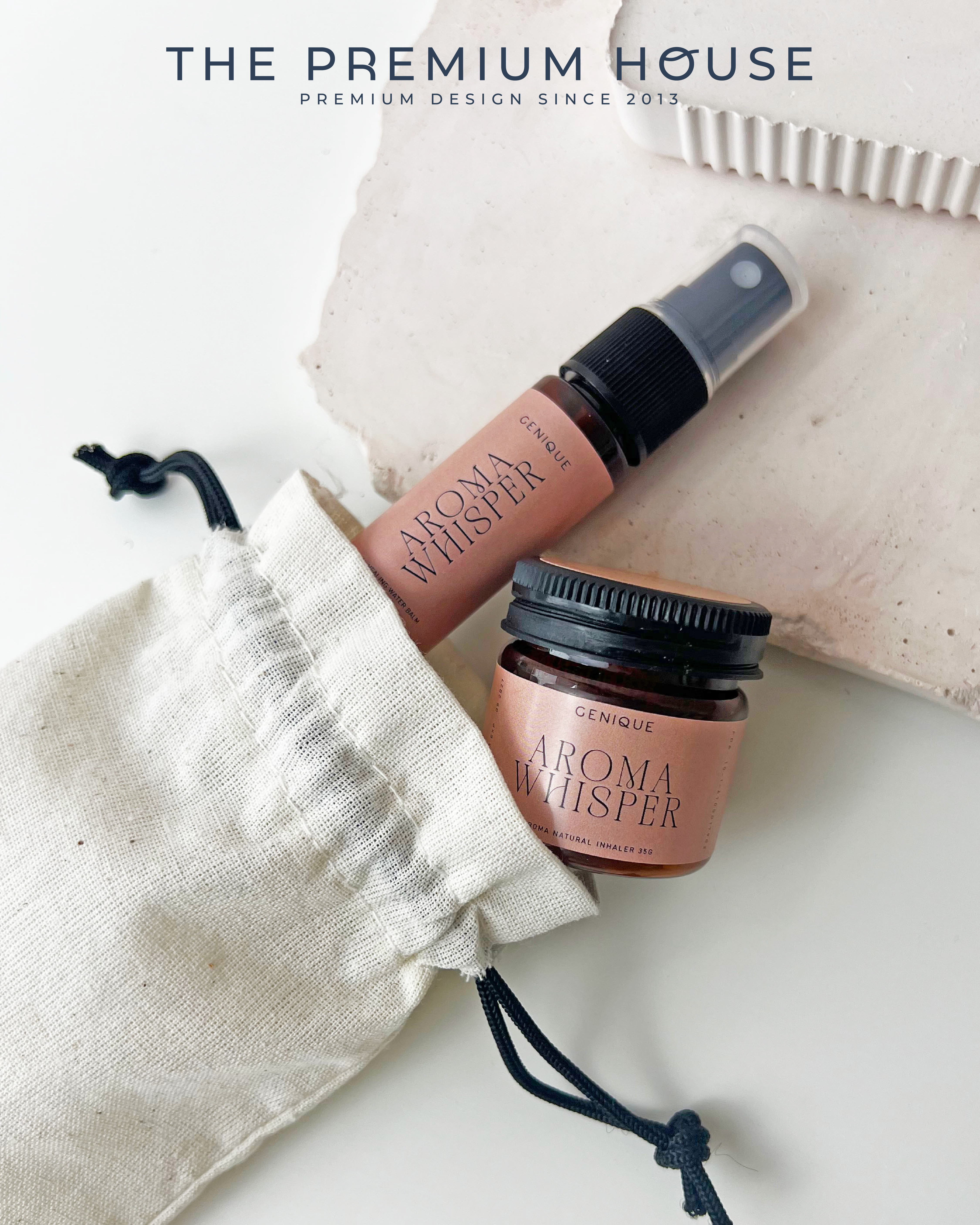 พรีเมี่ยมเซท Giftset Happy ยาดมขวดสีชา + Room Spray ในถุงผ้า