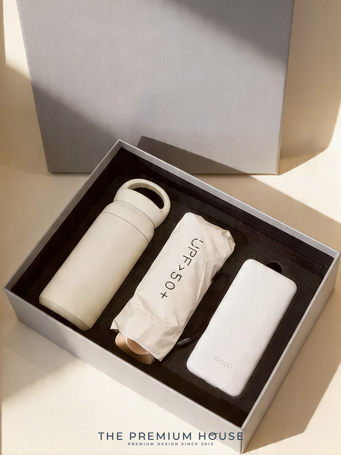 Premium set ร่มกัน UV Powerbank กระบอกน้ำเก็บอุณหภูมิ มีหูหิ้ว พร้อมกล่อง PM-069