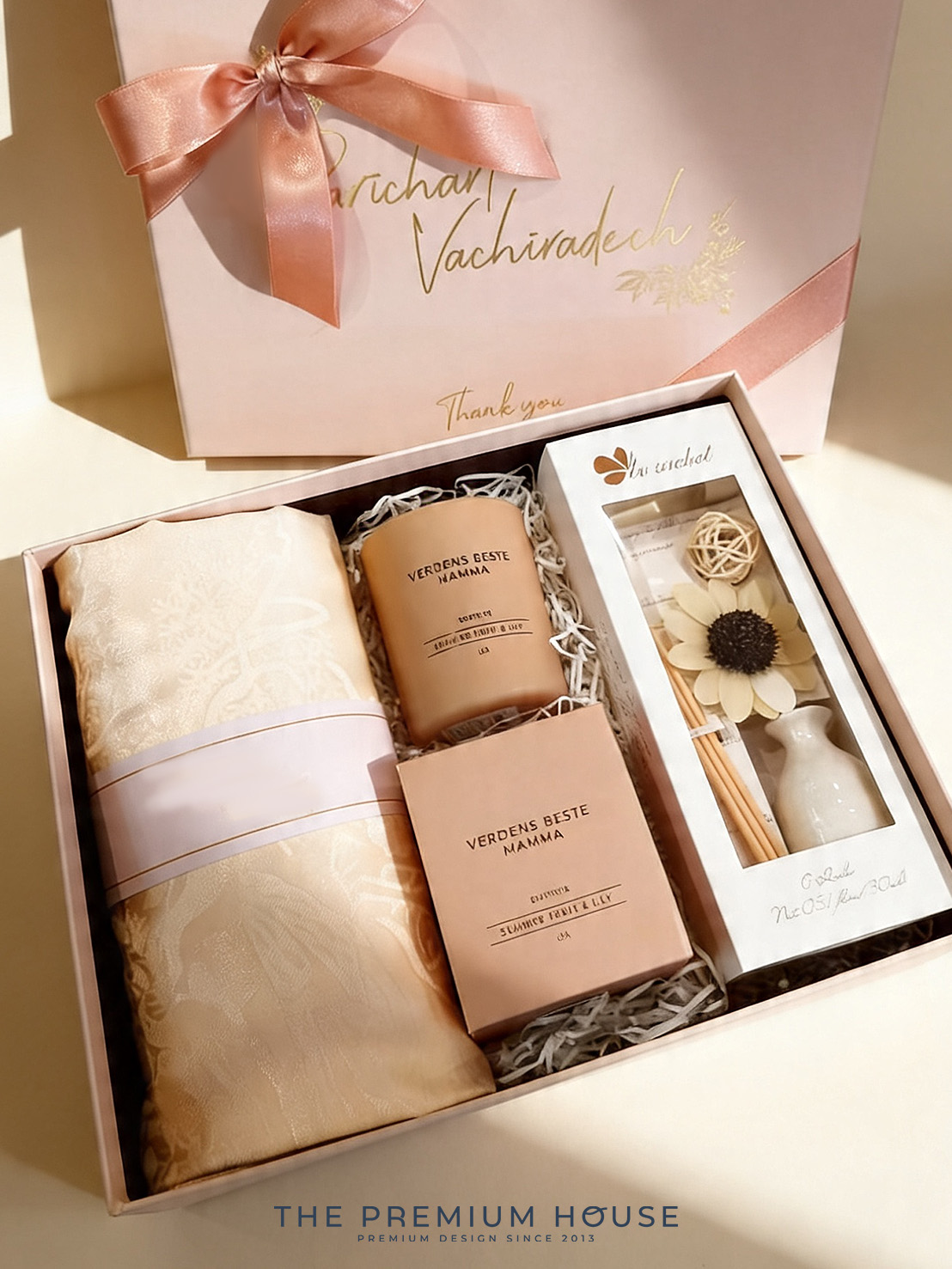 Premium set ผ้าแพร เทียนหอม Diffuser พร้อมกล่อง PM-076