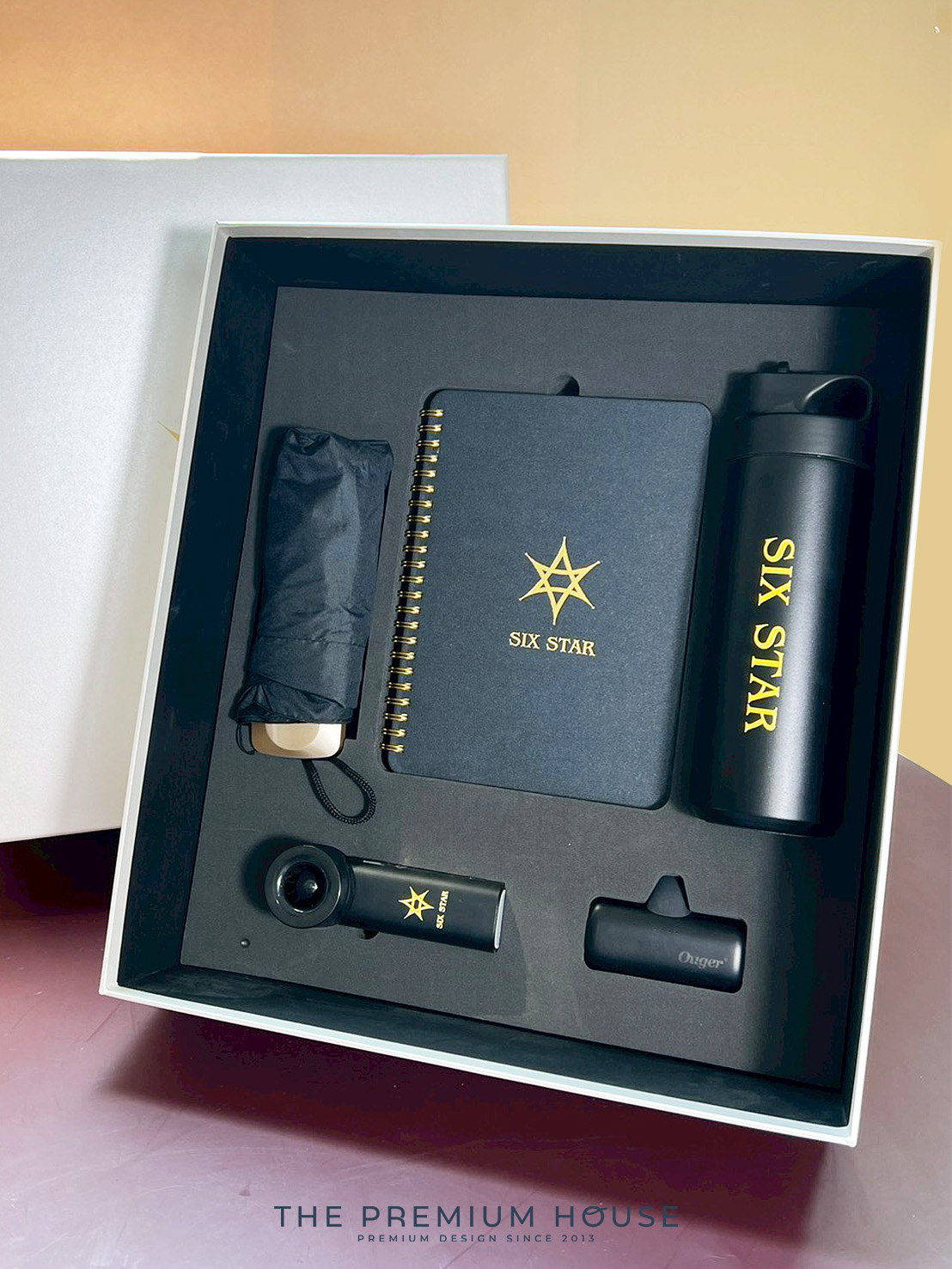 Premium set กระบอกน้ำเก็บอุณหภูมิมีหูหิ้ว ร่มกัน UV สมุดโน้ต Powerbank Turbo fan พร้อมกล่อง
