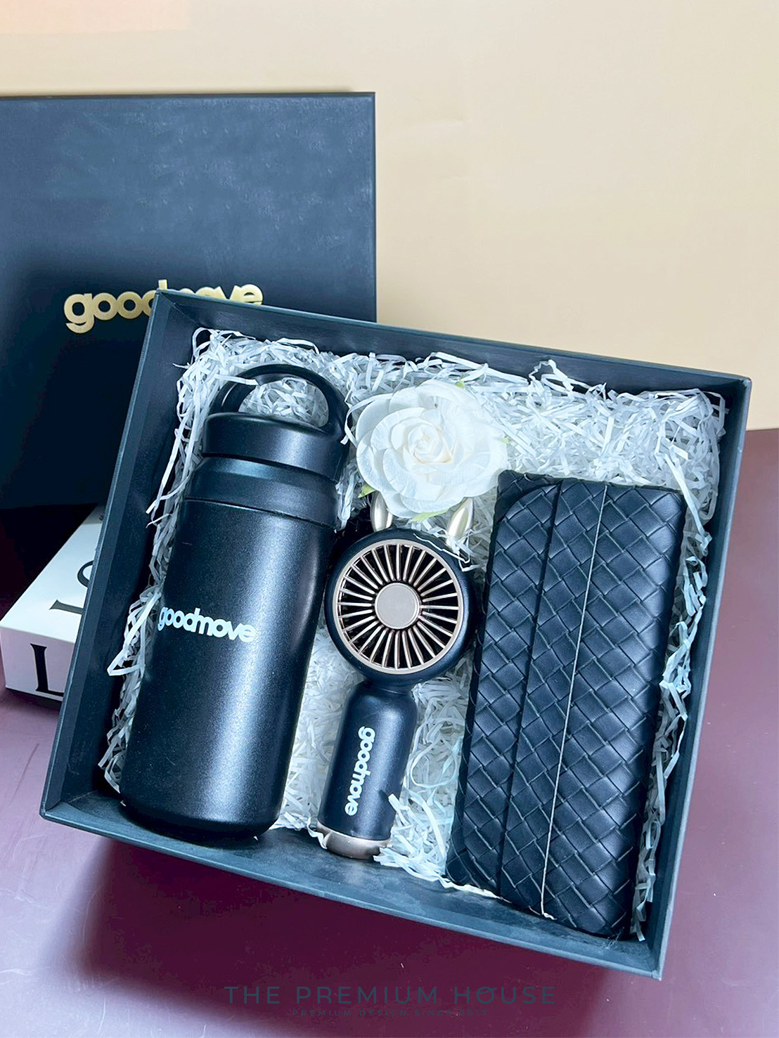 Premium set พัดลมพกพา กระเป๋าหนังสาน กระบอกน้ำเก็บอุณหภูมิมีหูหิ้ว พร้อมกล่อง