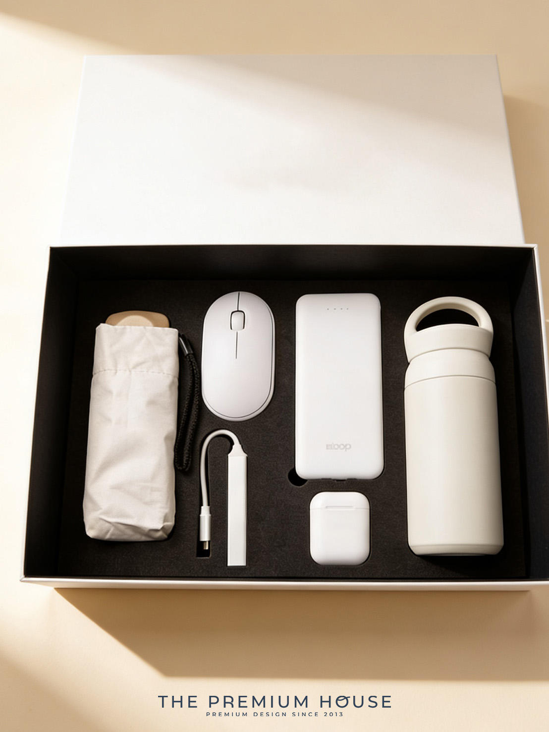 Premium set กระบอกน้ำเก็บอุณหภูมิมีหูหิ้ว ร่มกัน UV หูฟังบลูทูธ Powerbank เม้าส์ USB พร้อมกล่อง PM-082PM-082